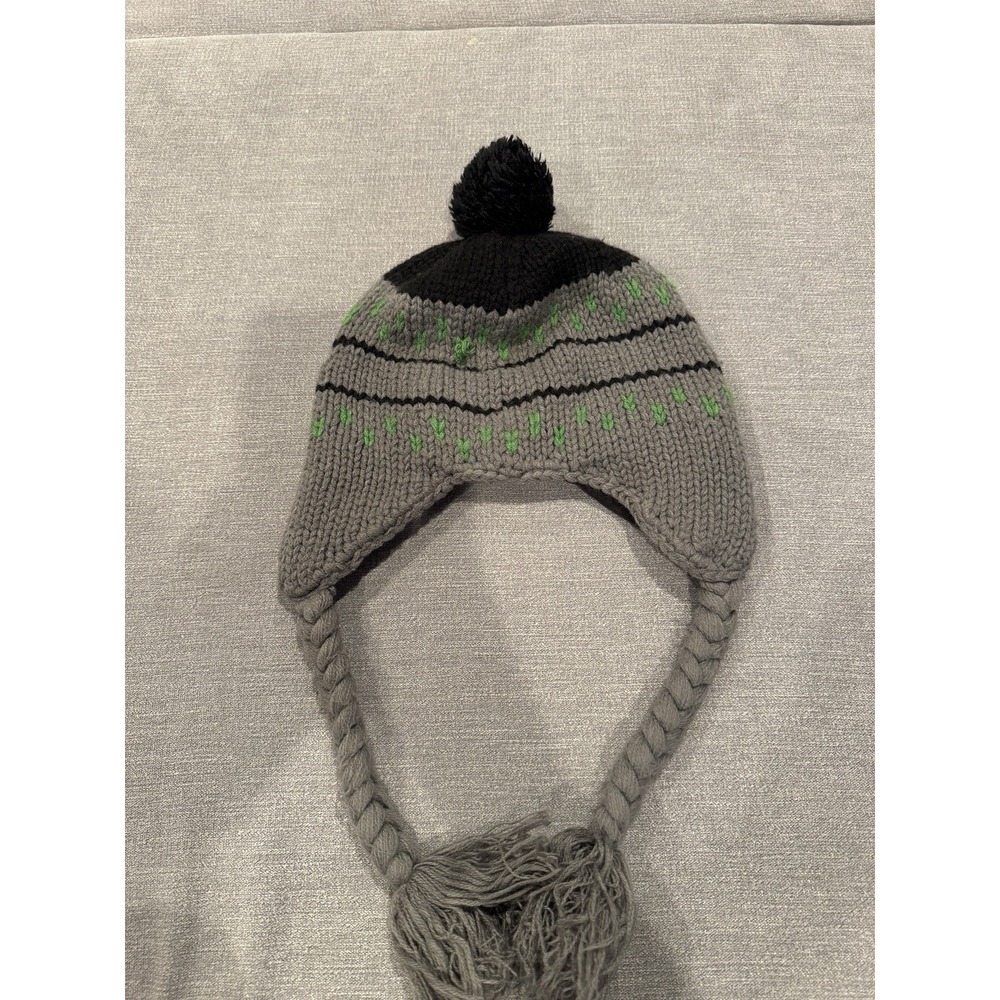 The North Face Gray Knit Earflap Beanie Hat Pom Pom Green Black Winter